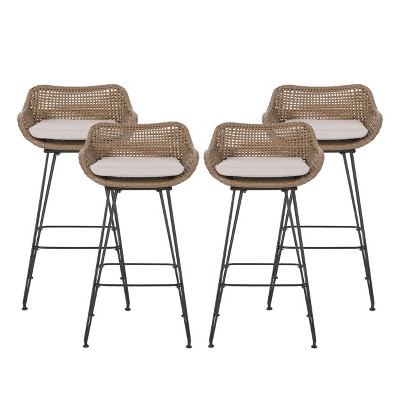 Christopher Knight Home Kevin Outdoor Wicker and Iron 29.5 Inch Barstools (Set of 4), Light Brown/Beige