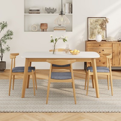 5 PCS Modern Dining Set, Solid Wood Frame Table with Faux Wood Top, Upholstered Chairs with Wood Frame and Polyester Cushion-Coolbibila