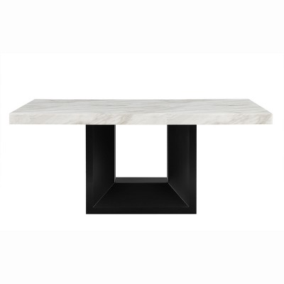 HomeRoots 70" White and Black Faux Marble and Wood Pedestal Base Dining Table