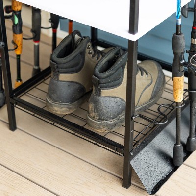 Black and White Freestanding Steel Fishing Rod Rack with Shelves