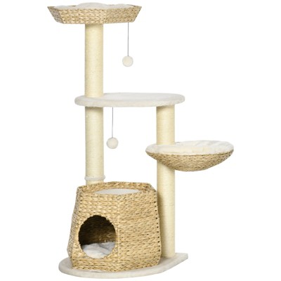 FURNIinspire Cat Tree Kitty Activity Center, Cat Climbing Toy with Cattail Fluff, Bed, Condo, Sisal Scratching Post, Natural, 19.8"*19.8"*46.8"