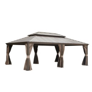 VisioGear 14'*22' Patio Hardtop Gazebo with Double Roof and Netting, Large Pavilion Gazebo for Garden, Brown, 260.08"*165.59"*126.42" - 1 of 4