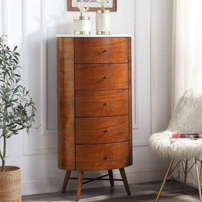 Walnut Finish 1pc Chest of Five Drawers Marble Top Ball Bearing Glides Bedroom Furniture