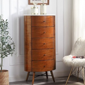 Walnut Finish 1pc Chest of Five Drawers Marble Top Ball Bearing Glides Bedroom Furniture - 1 of 4