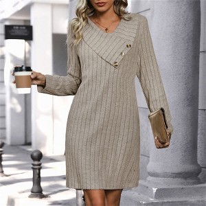 Women's Casual Long - Sleeve Knit Dress, Asymmetric Neck Button - Decorated Straight Dress - 1 of 4