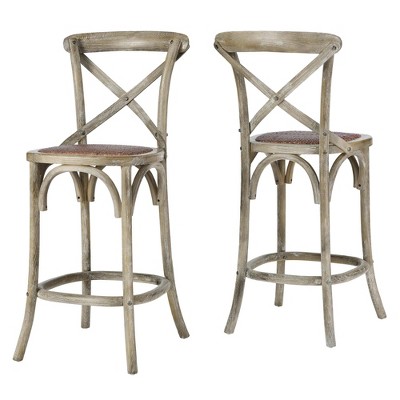 Farmhouse Charm Gray Elm Wood Counter Stool with Woven Rattan Seat