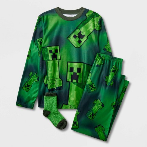 Boys' Minecraft 2pc Pajama Set With Socks - Green Xs : Target