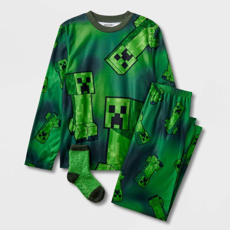 Boys&#39; Minecraft 2pc Pajama Set with Socks - Green, 1 of 5