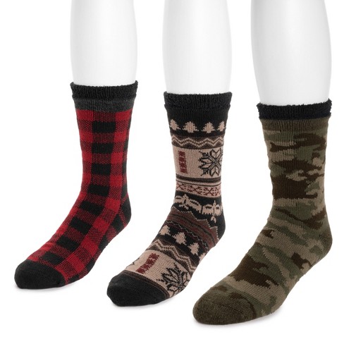 Muk Luks Men's 3 Pair Pack Lined Lounge Sock, Green/red/ebony, Os