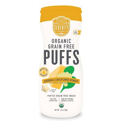Serenity Kids Grass Fed Cheddar and Organic Cauliflower & Spinach Grain Free Puffs Baby & Toddler Snacks - 1.5oz