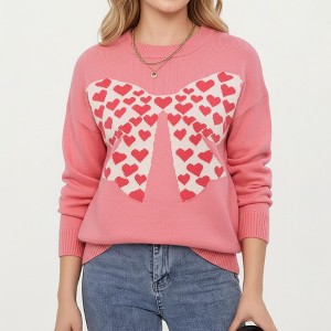 Anna-Kaci Women's Heart Bow Knit Sweater with Playful Graphic Design, Soft Crew Neck Fit and Cozy Long Sleeve Detailing - 1 of 4