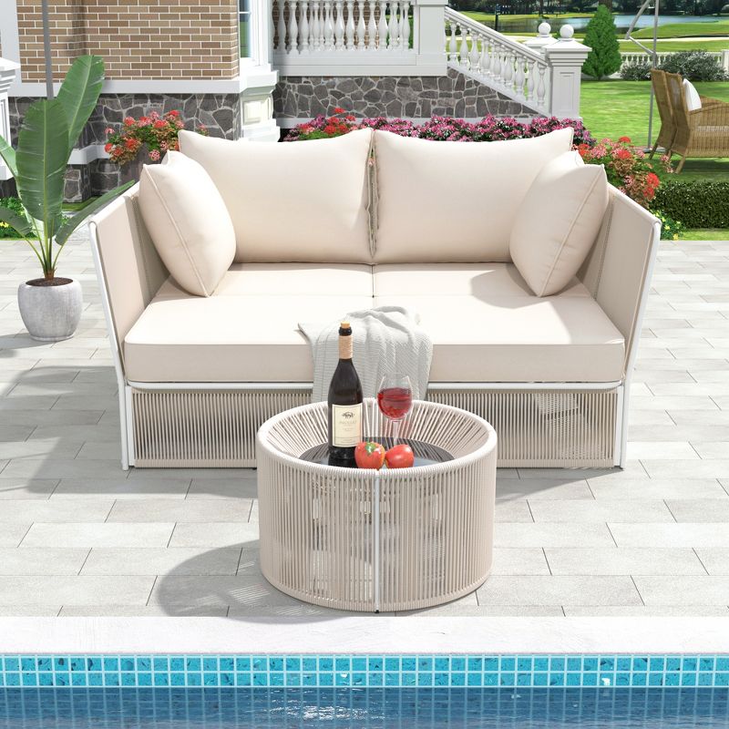 2 PCS Outdoor Sunbed Loveseat, Patio Daybed Double Chaise Lounger with Tempered Glass Coffee Table 4M -ModernLuxe, 2 of 14