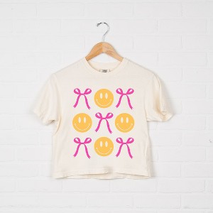 Simply Sage Market Women's Bows and Smiley Coquette Chart Short Sleeve Relaxed Fit Cropped Graphic Tee - S - Ivory - 1 of 3