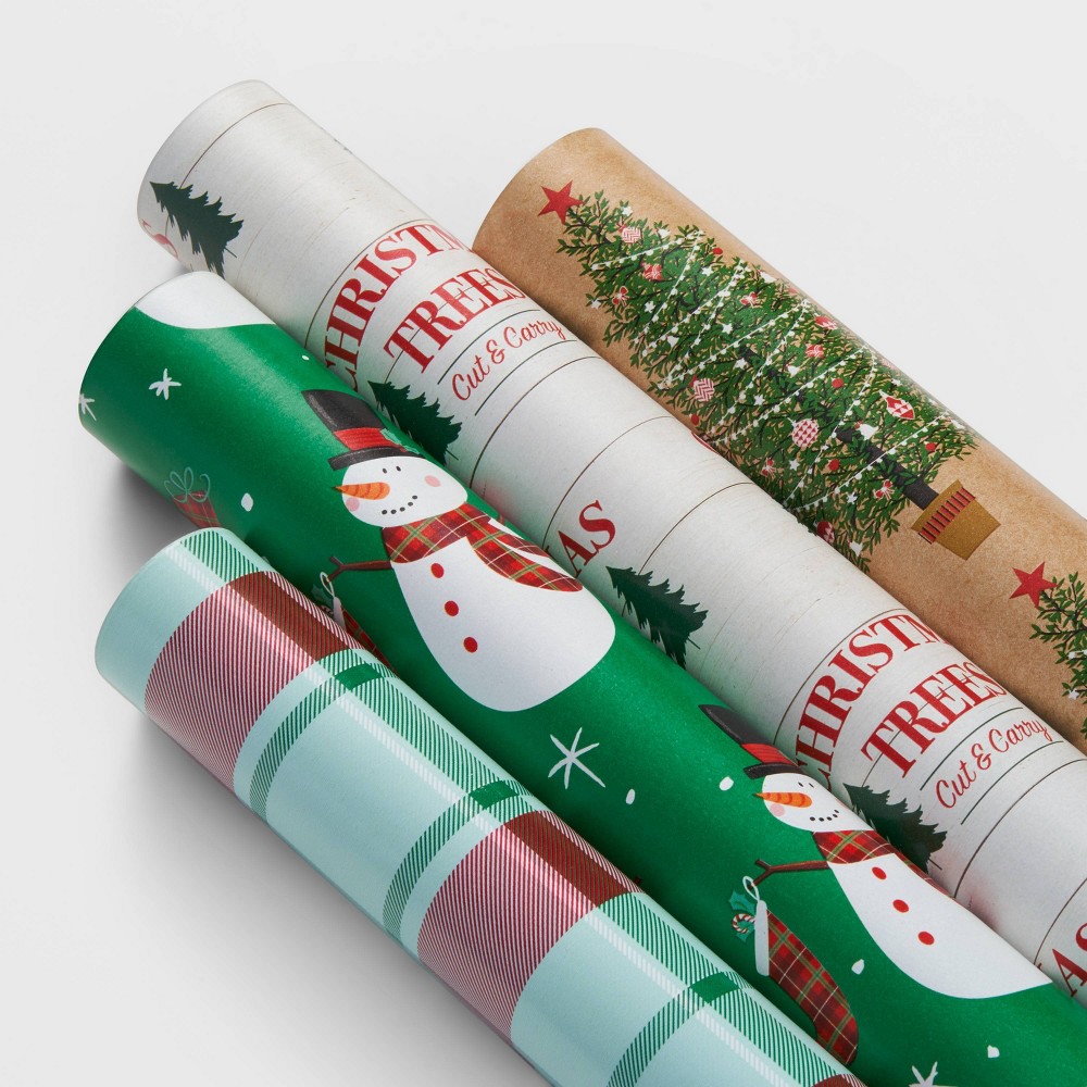 4pk 120 sq ft Plaid/Christmas Trees/Snowman Gift Wrap - Wondershop