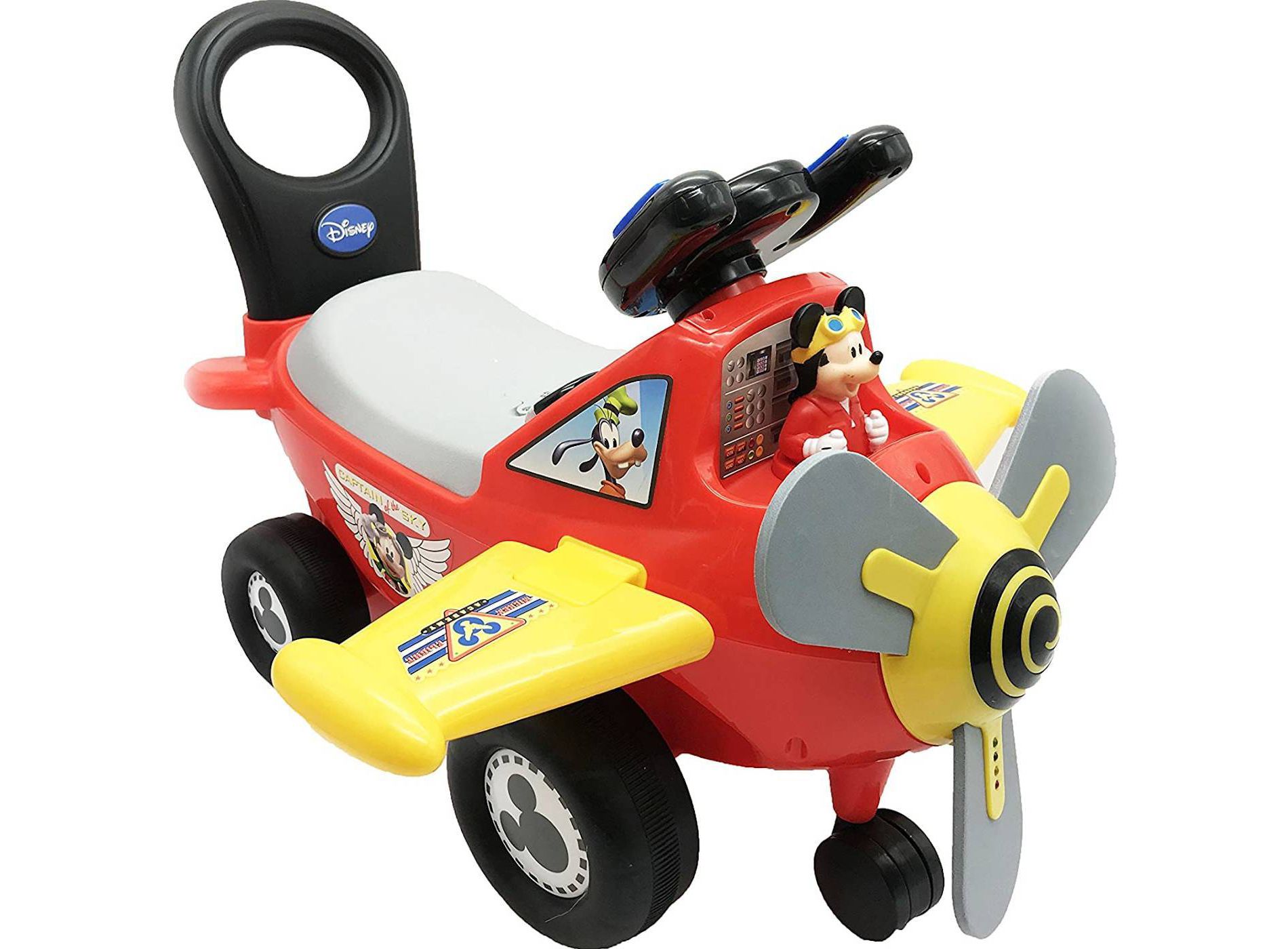 Kiddieland Disney Mickey Mouse Clubhouse Plane Light & Sound Activity Ride-On: Plastic Push Toy for Kids, 50lb Capacity