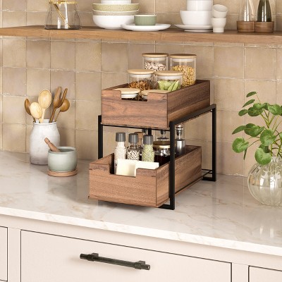 Seville Classics Acacia Wood 2-Tier Sliding Kitchen Pantry Storage Organization Baskets, 9" W x 14" D x 12.5" H — фото 2