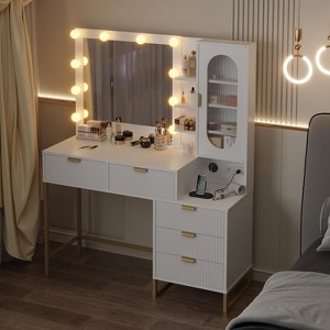 Vanity Benches, Modern Makeup Vanity Desk with Adjustable Mirror, Built in Charging Station, 5 Drawers, Space Saving Dressing Table for Bedrooms - 1 of 4