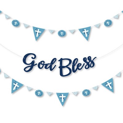 Big Dot of Happiness Blue Elegant Cross - Boy Religious Party Letter Banner Decoration - 36 Banner Cutouts and God Bless Banner Letters