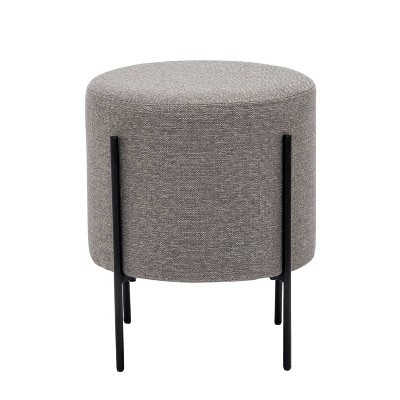 Gray Round Upholstered Ottoman with Black Metal Base