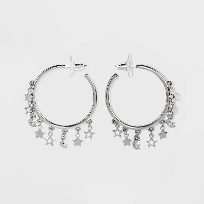 Star and Moon with Crystal Acrylic Stones Charm Hoop Earrings - Wild Fable™ Silver