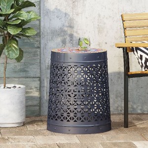 15" Tile Mosaic Lace-Cut Metal Outdoor End Table, Transitional Patio Accent Table, Patio Side Tables -Christopher Knight Home - 1 of 4