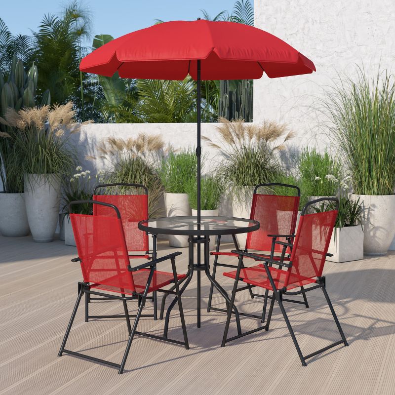 Flash Furniture Nantucket 6 Piece Patio Garden Set with Table, Umbrella and 4 Folding Chairs, 3 of 13