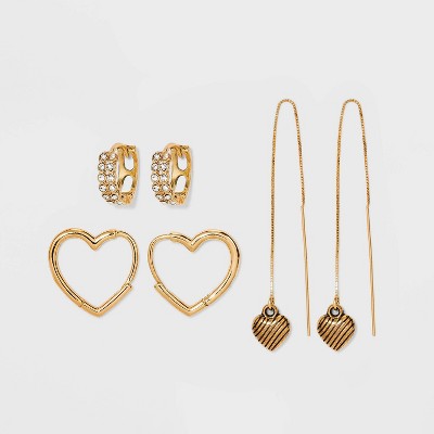 Hoop Heart and Drop Threader Trio Earring Set 3pc - Wild Fable™ Gold