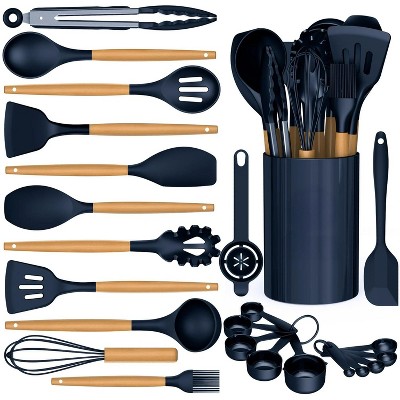 LunaLulinlk Wooden Handle Silicone Cooking Utensil Set, Eco-Friendly, High Heat Resistant 446°F Kitchen Utensils with Stand, BPA Free
