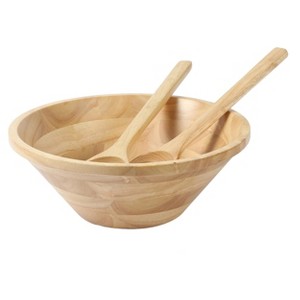 Martha Stewart Coban 3 Piece Rubber Wood Salad Bowl and Servers Set in Light Brown - 1 of 4