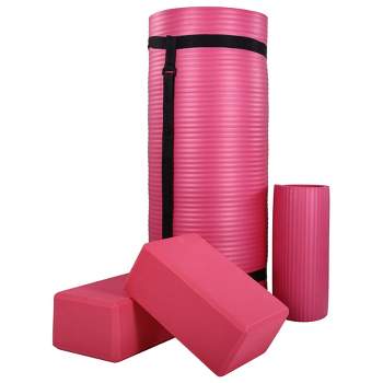 BalanceFrom All-Purpose 71" x 24" x 1-Inch Extra Thick High Density Anti-Tear Exercise Yoga Mat, Knee Pad with Carrying Strap & 2 Yoga Blocks, Pink