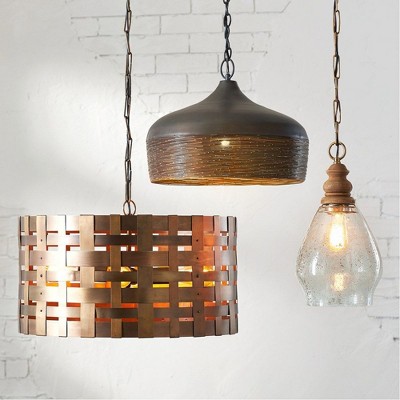 Patinaed Brass 4-Light Basketweave Drum Pendant