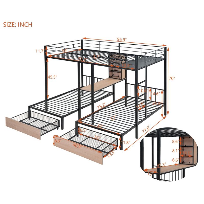 Full Over Twin & Twin Bed with Drawers, Multi-Functional Metal Frame Triple Bunk Bed with Desks and Shelves in The Middle - ModernLuxe, 4 of 13