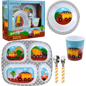 Bentology 5 Pc Mealtime Set for Kids & Toddlers, Construction Theme- Includes Divided Plate, Bowl, Fork & Spoon - Dishwasher Safe, BPA Free- Cute - 1 of 3