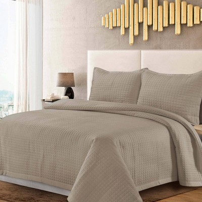 Tribeca Living Queen Naples Microfiber Quilt Set Taupe - Tribeca Living: Solid Midweight Bedding, Includes 2 Shams, Box Quilting — фото 3