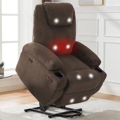 GustoWave Power Lift Recliner Chair for Adult, Massage & Heat, Side Pockets, 2 Cup Holders for Living Room, Striped Corduroy