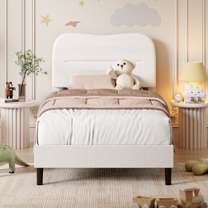 Bed Frame with Teddy Velvet Soft Curved Headboard, Platform Bed with Wooden Slats Support, Easy Assembly, Noise-Free, White - 1 of 4