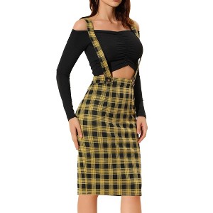 Allegra K Women's Plaid Shiny High Waist Pencil Midi Suspender Skirt - 1 of 4