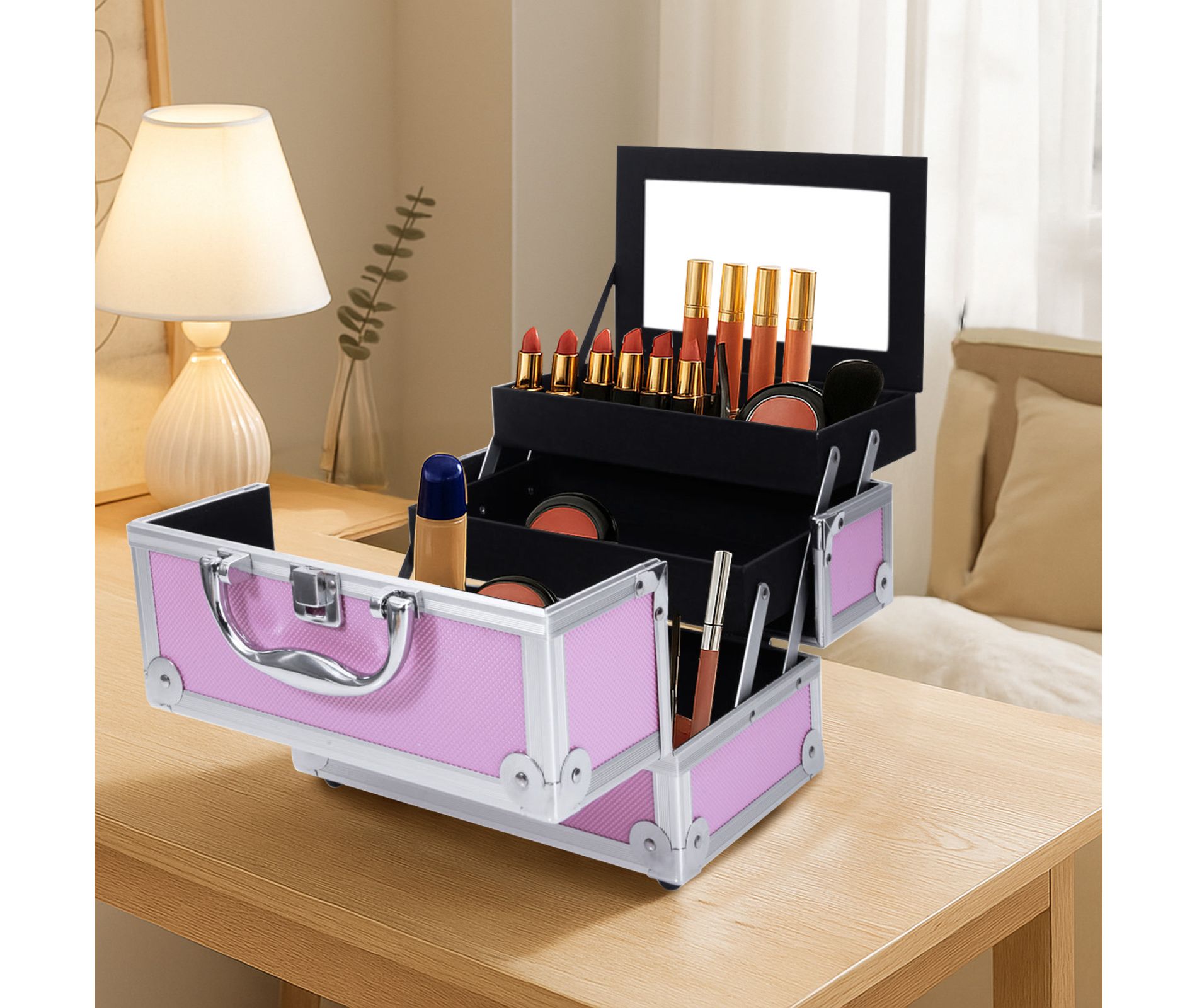 9 x 6 x 6 inch Aluminum Makeup Train Case with Mirror, Portable Cosmetic Organizer & Jewelry Storage Box, Lockable Travel Makeup Case, Pink