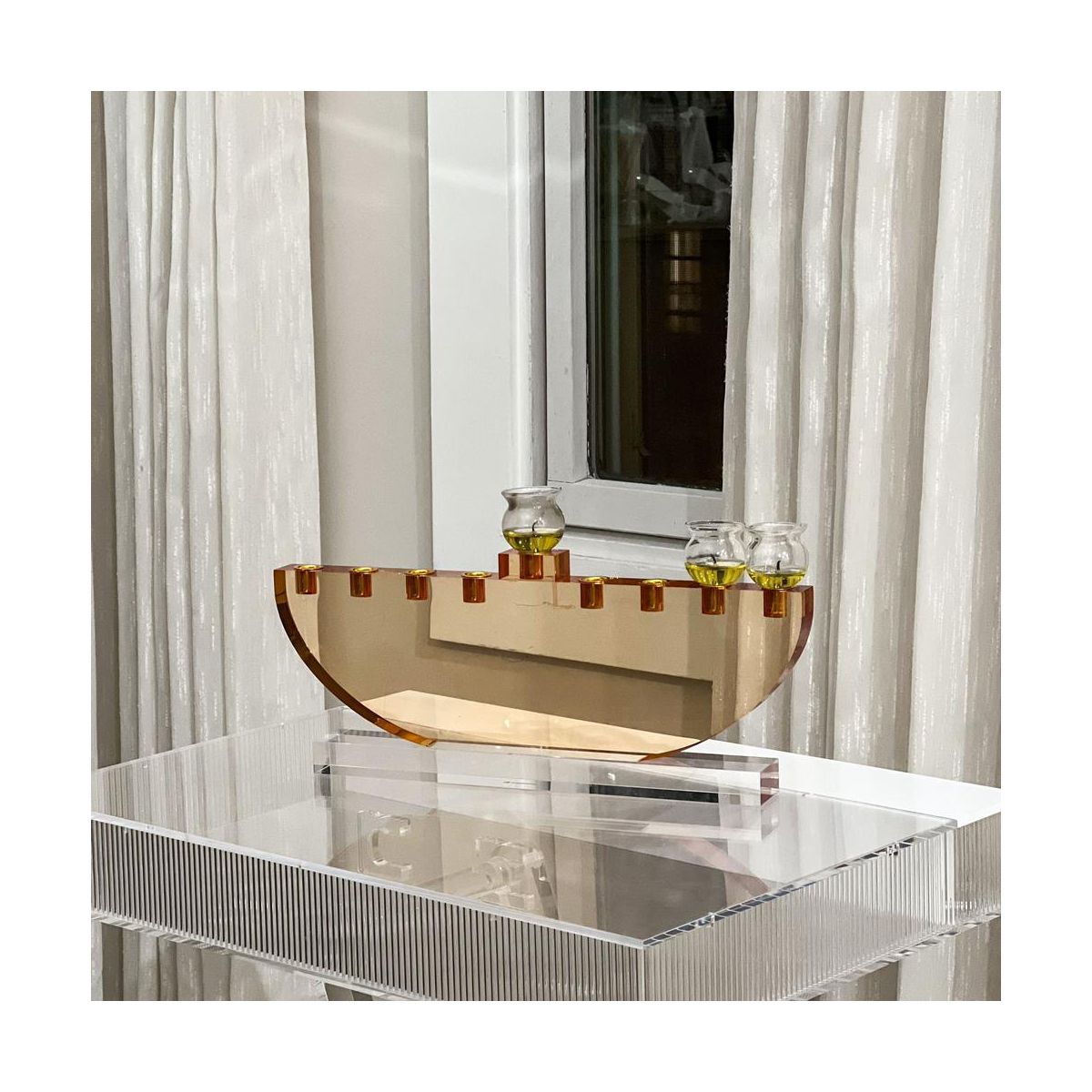 Amber Lucite Menorah, Elegant Modern Hanukkah Candle Holder for Judaica Décor - thumbnail 2