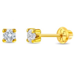 Girls' Clear 4 Prong CZ Solitaire Screw Back 14k Gold Earrings - In Season Jewelry - 1 of 4