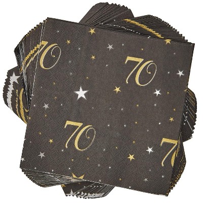 Sparkle and Bash 100 Pack Black Gold 70th Birthday Anniversary Disposable Paper Napkins 6.5" Party Supplies