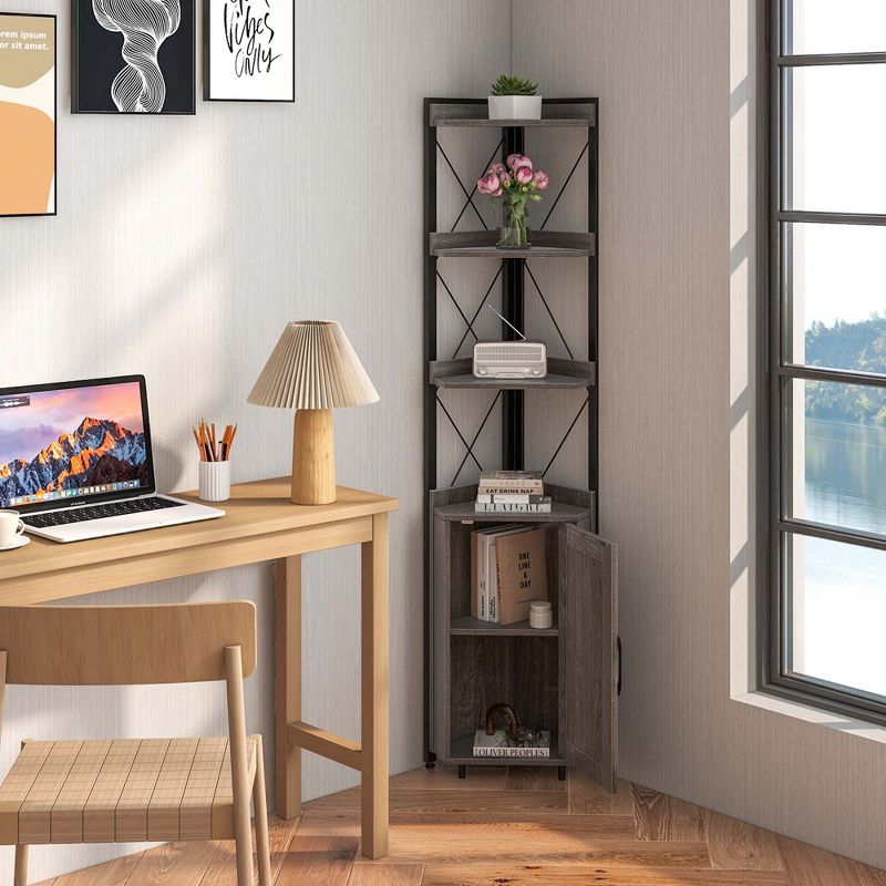 Costway 6-Tier Corner Bookshelf with 5-Level Adjustable Shelf & Anti-Tipping Kits Rustic Brown/Gray, 2 of 11