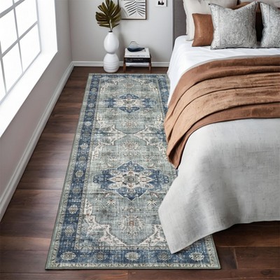 Washable Living Room Rug Vintage Rug Traditional Floral Distressed Accent Carpet Low Pile Non-Slip Floor Mat