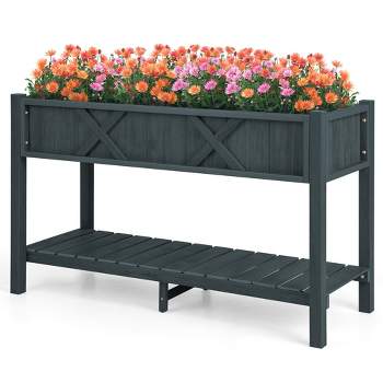 Costway HIPS Raised Garden Bed Poly Wood Elevated Planter Box with Legs, Storage Shelf Blue/Coffee/Black