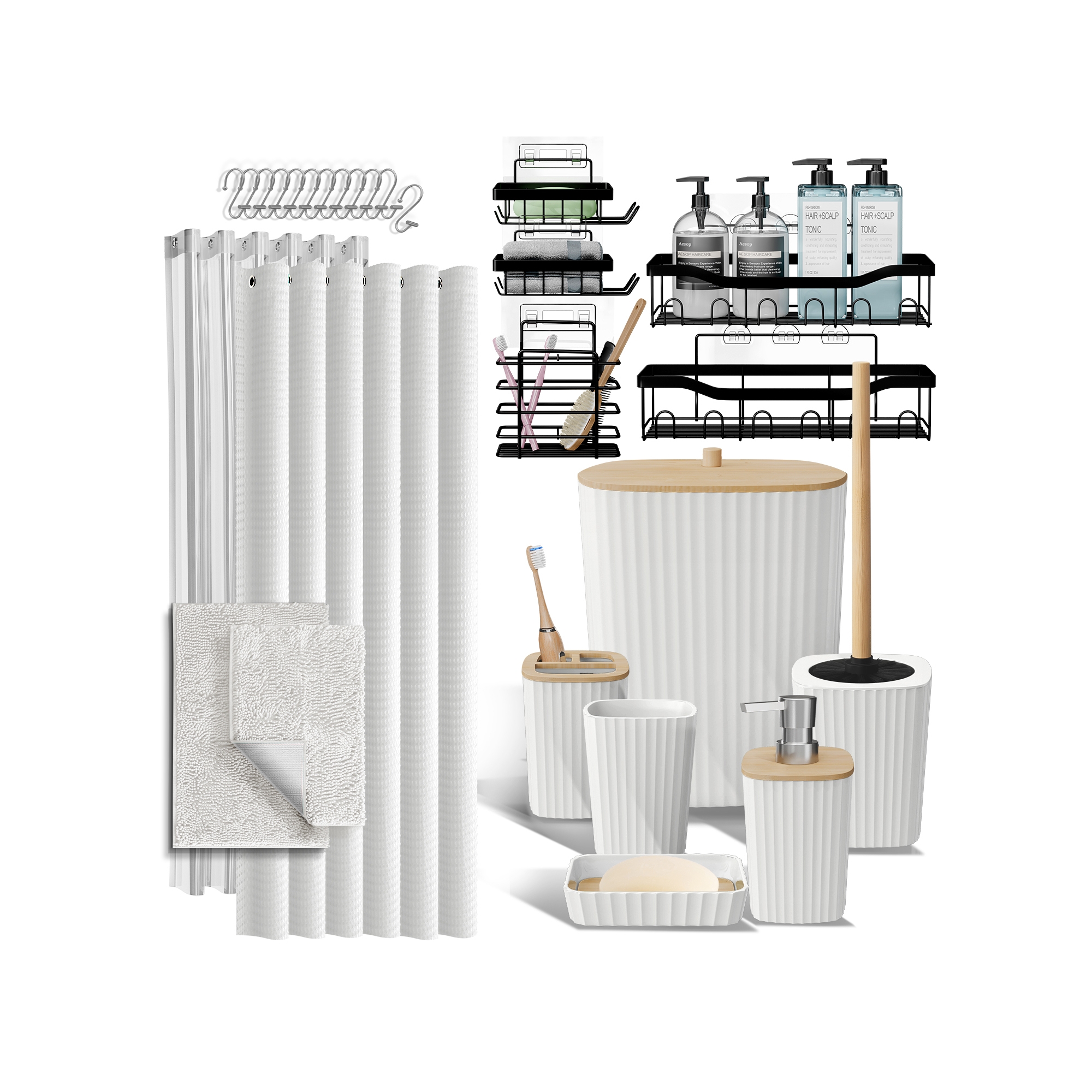 Bathroom Accessories Set with Shower Caddy and Bath Rugs - 27PC Bathroom Accessory Set with Shower Caddies & White Bath Rugs, Shower Curtain Set