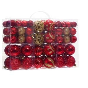 Aoibox 100pcs Christmas Ball Ornaments Set Shatterproof Assorted 3 Sizes 1.18in 1.57in 2.36in Red Gold Holiday Tree Decorations - 1 of 4