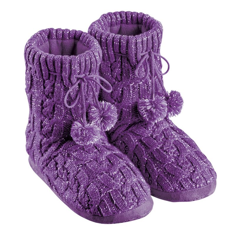 Collections Etc Lurex Cable Knit Slipper Boots with Fleece Lining, Fun Pom Poms, Extra Warm and Flexible, Mid-Calf, 2 of 4