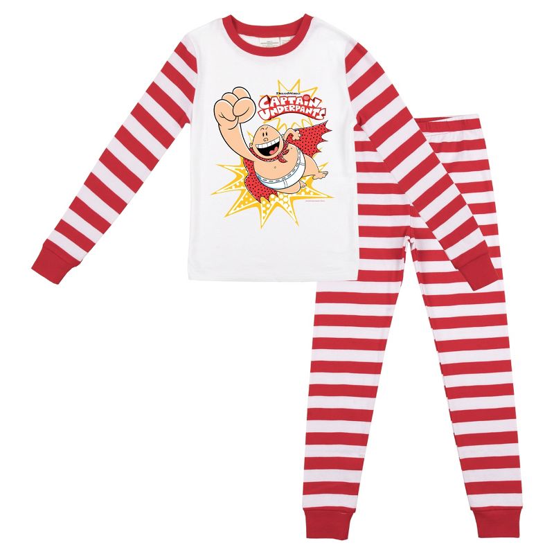 Captain Underpants Superhero Pose Long Sleeve Shirt & Red & White Striped Sleep Pajama Pants Set, 1 of 5
