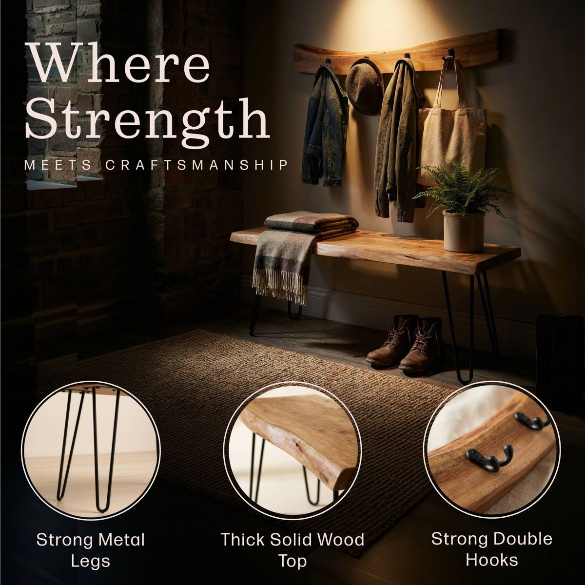 36" Hairpin Live Edge Wood Bench with Coat Hook Set Natural - Alaterre Furniture - thumbnail 5