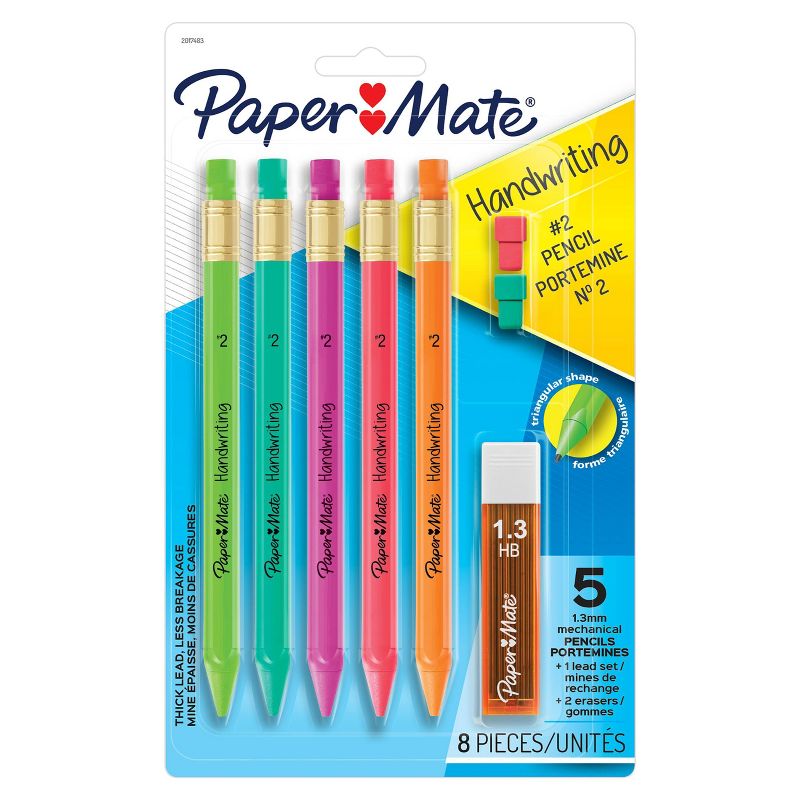 Paper Mate Handwriting 5pk #2 Mechanical Pencils with Eraser and Refill 1.3mm Assorted Colors, 1 of 5